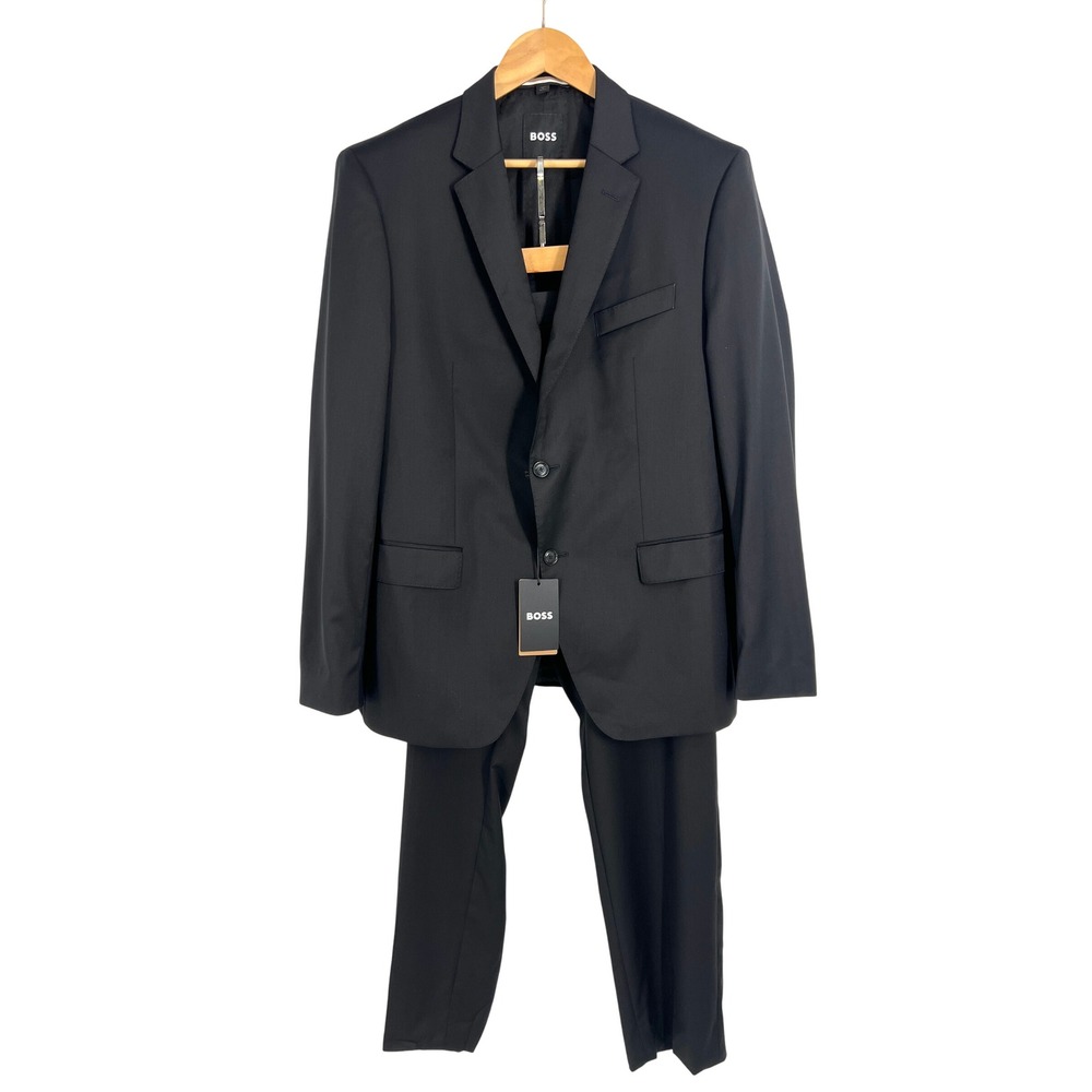 Hugo Boss Mens Black Slim Fit Suit Italian Super 120 Wool 44R H-Huge-2Pcs-224